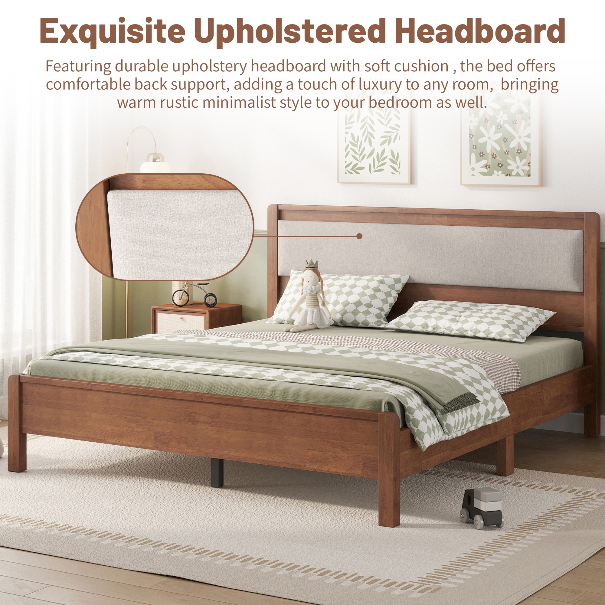 HOQBN Queen Solid Rubberwood Bed Frame with Upholstered Headboard, Reinforced Central Support Legs for Bedroom Brown