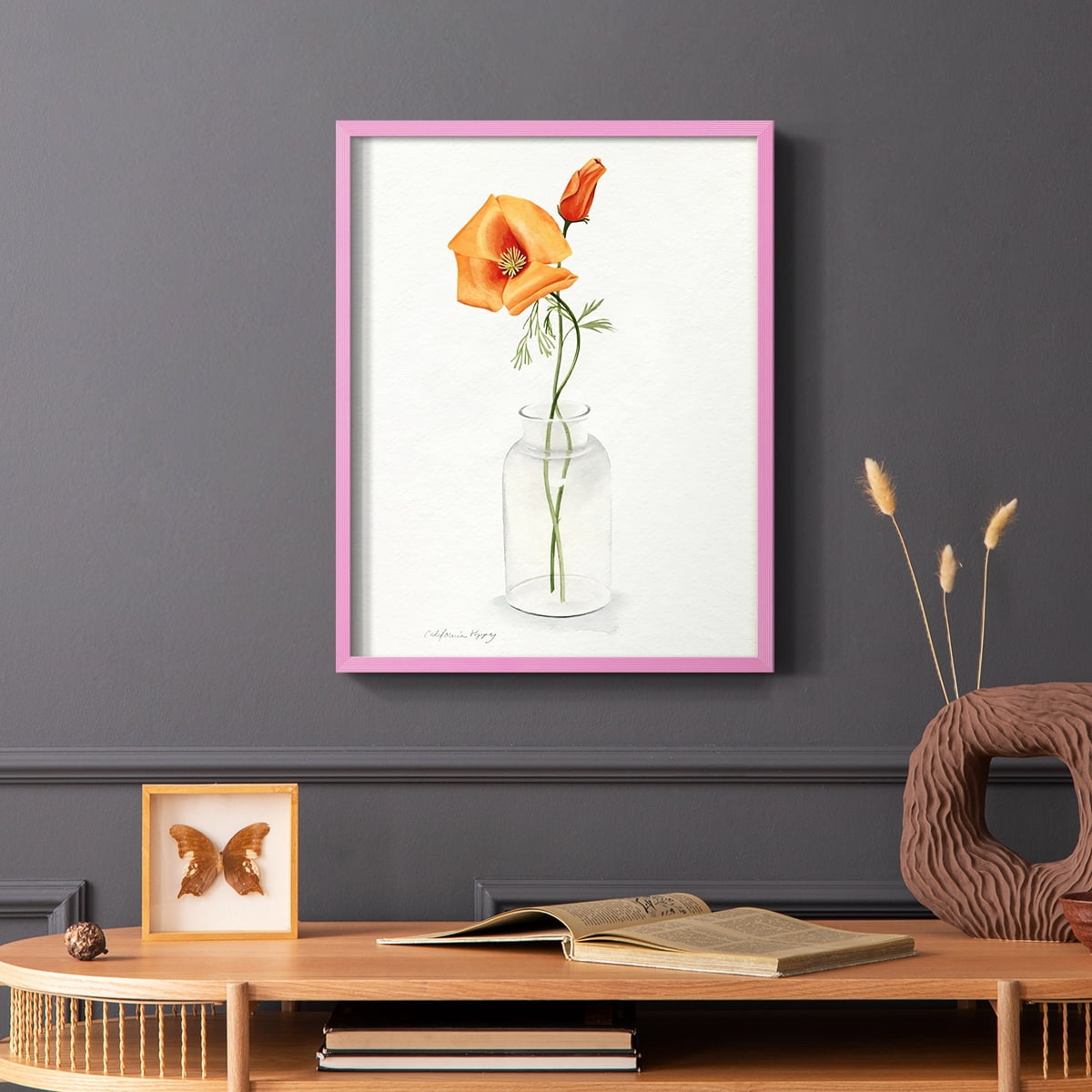 California Poppy Vase I Framed Print in Pink Solid Wood Framed Print No Nail Hanging