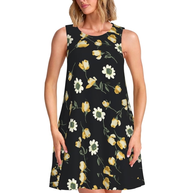 Vsdgher Robe d'Été Imprimé Marguerite pour Femmes Décontractée Col en U Robe de Plage Sans Manches Robe Débardeur Ample avec Poche