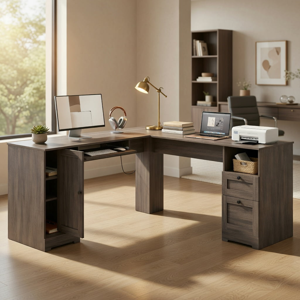 Spaco 66 Inch L-Shape Writing Desk with Power Station Pull Out Keyboard Tray Storage Drawers Adjustable Shelf Cable Organizer Dark Gray Home Office Desk, Dark Gray