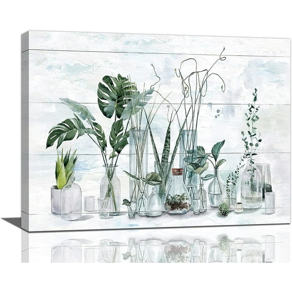 Farmhouse Bathroom Wall Decor Rustic Botanical Bottles Green Bathroom Canvas Pictures Wall Art Print Home Decorations For Laundry Room Bedroom Living Room Framed Ready To Hang 12"x16"