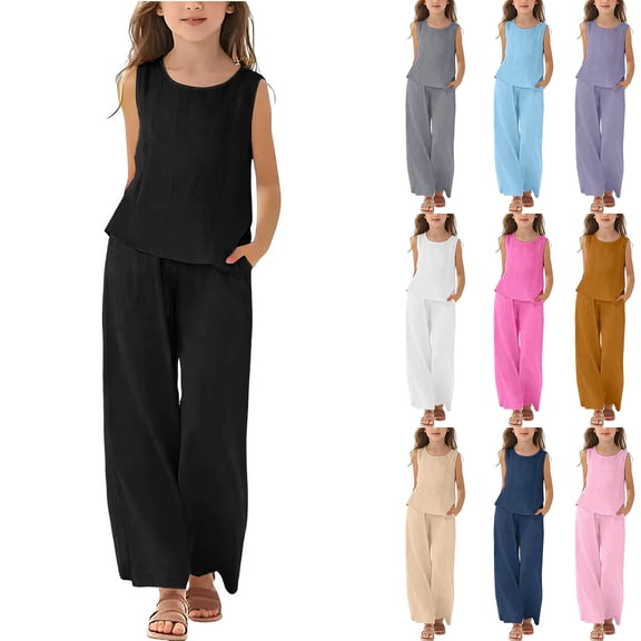 Toddler Girl Clothes 4T Teen Girls 2 Piece Linen Outfit Summer Linen Sets Sleeveless Cottonlinen Tank Tops Baggy Wide Leg Flowy Palazzo Pants