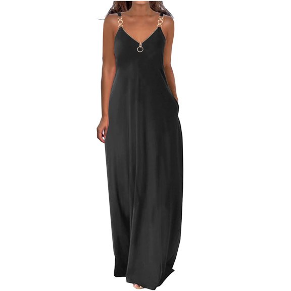 Efsteb Sleeveless Dresses for Women Resort Dress Solid Color Loose Fit Spring V-Neck Casual Boho Hoop Sling Long Maxi Dress with Pockets Beach ,Size:10