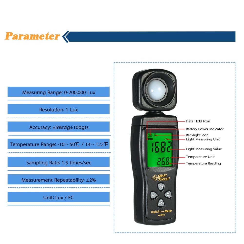 Light Meter Luxmeter MAX/MIN/Data Hold Backlight LCD Display lumens Meter for Agriculture Researching and Illumination Control Digital Illuminance Lux Meter Photometer 0 to 200,000 Lux