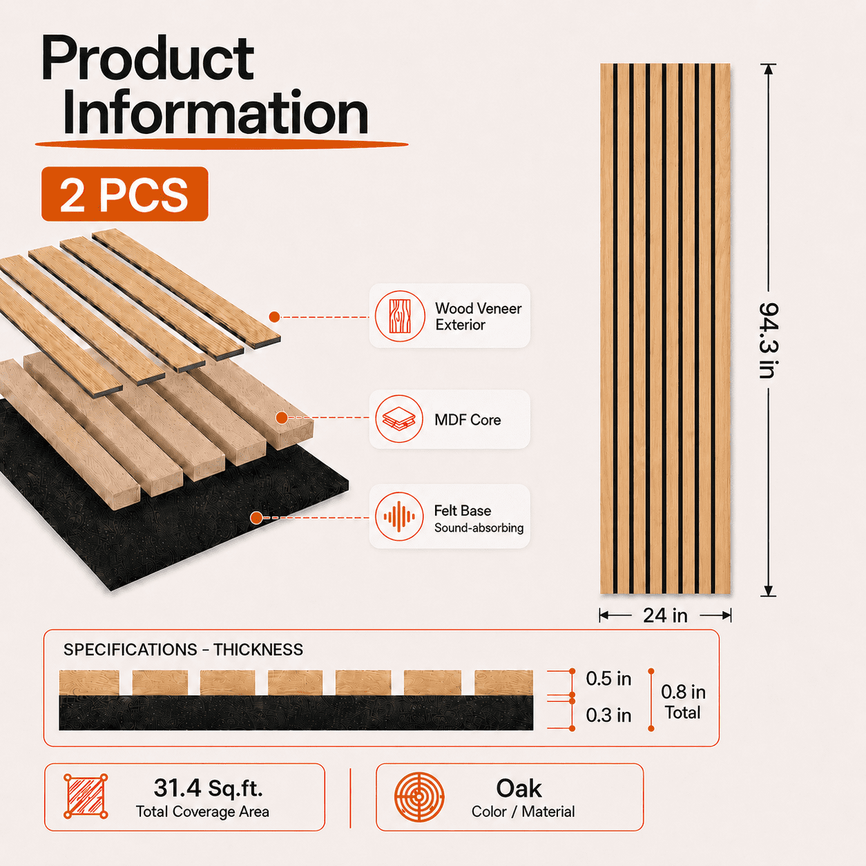 2-Pack Wood Slat Acoustic Wall Panels, 24" x 94.3" MDF Slat Wall Paneling for Modern Interior Wall Decor, Sound Absorbing Accent Panels, 31.4 Sq. Ft,Oak