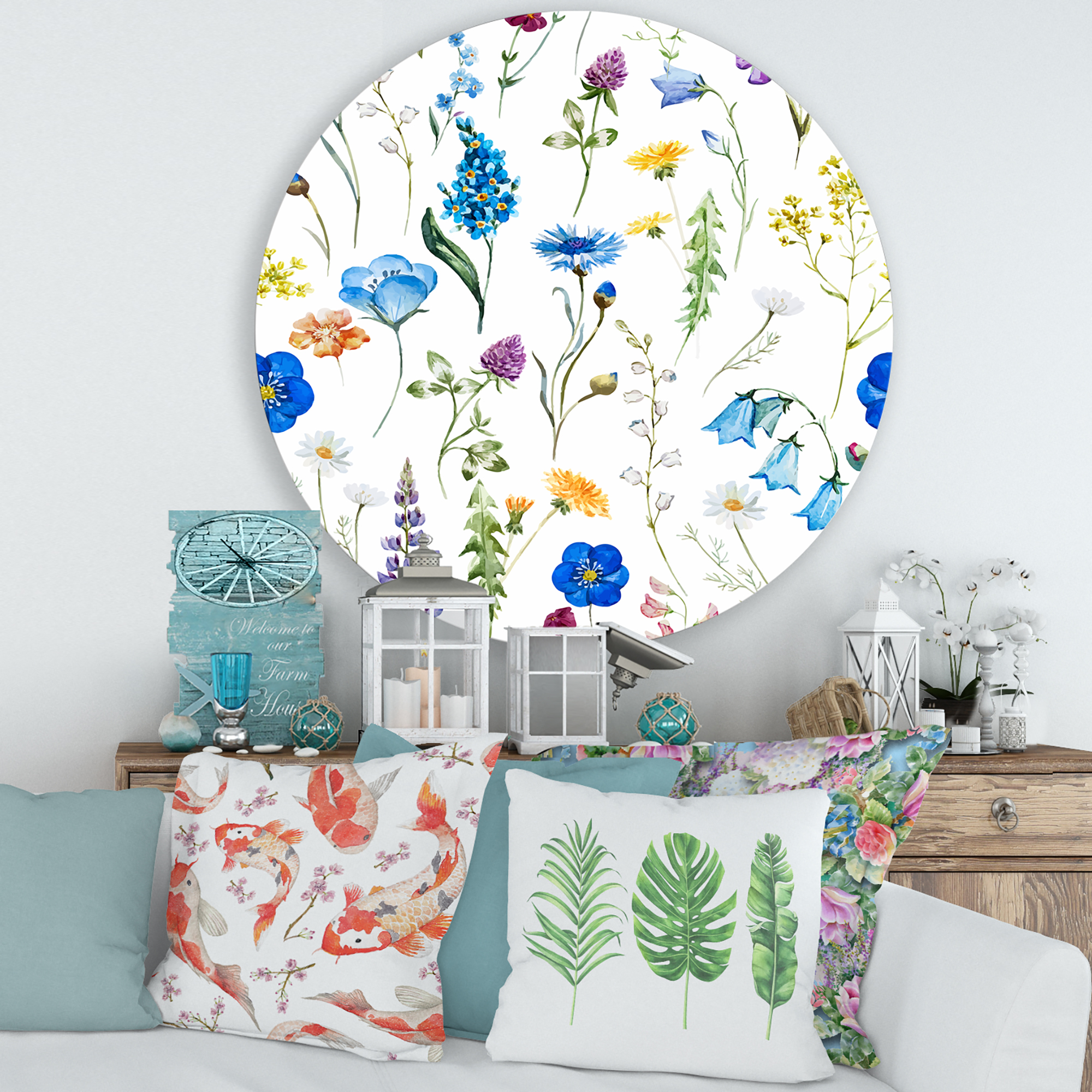 Designart 'Blue Wildflowers With Leaves I' Traditional Circle Metal Wall Art 29x29 - Disc of 29