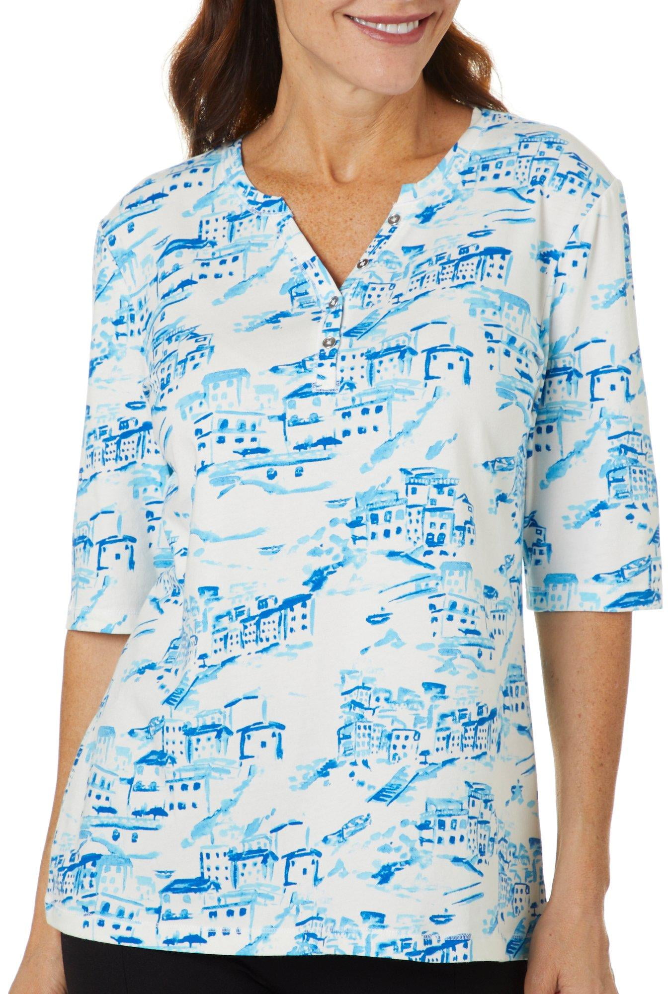 Coral Bay Coral Bay Womens Sailboat Print Henly Elbow Sleeve Top