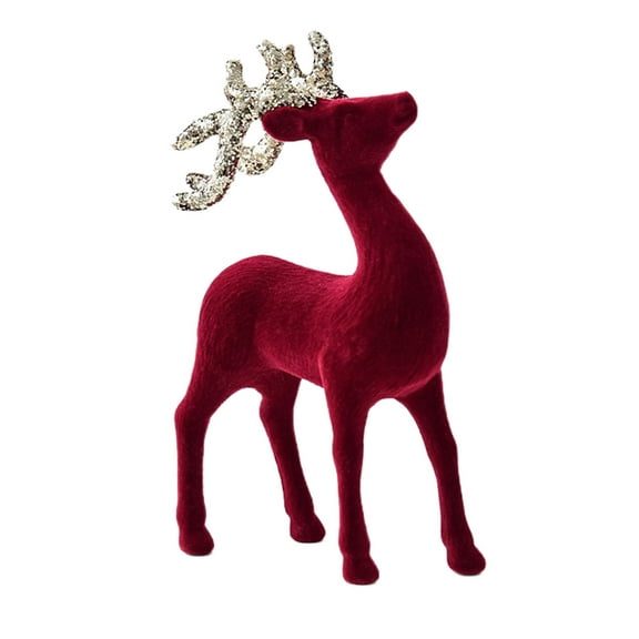 HomeDM Christmas Reindeer Tabletop Ornaments, Artificial Animal Crafts, Red Flocking Plastic Reindeer Statue Decorative for Table Centerpiece Xmas Party