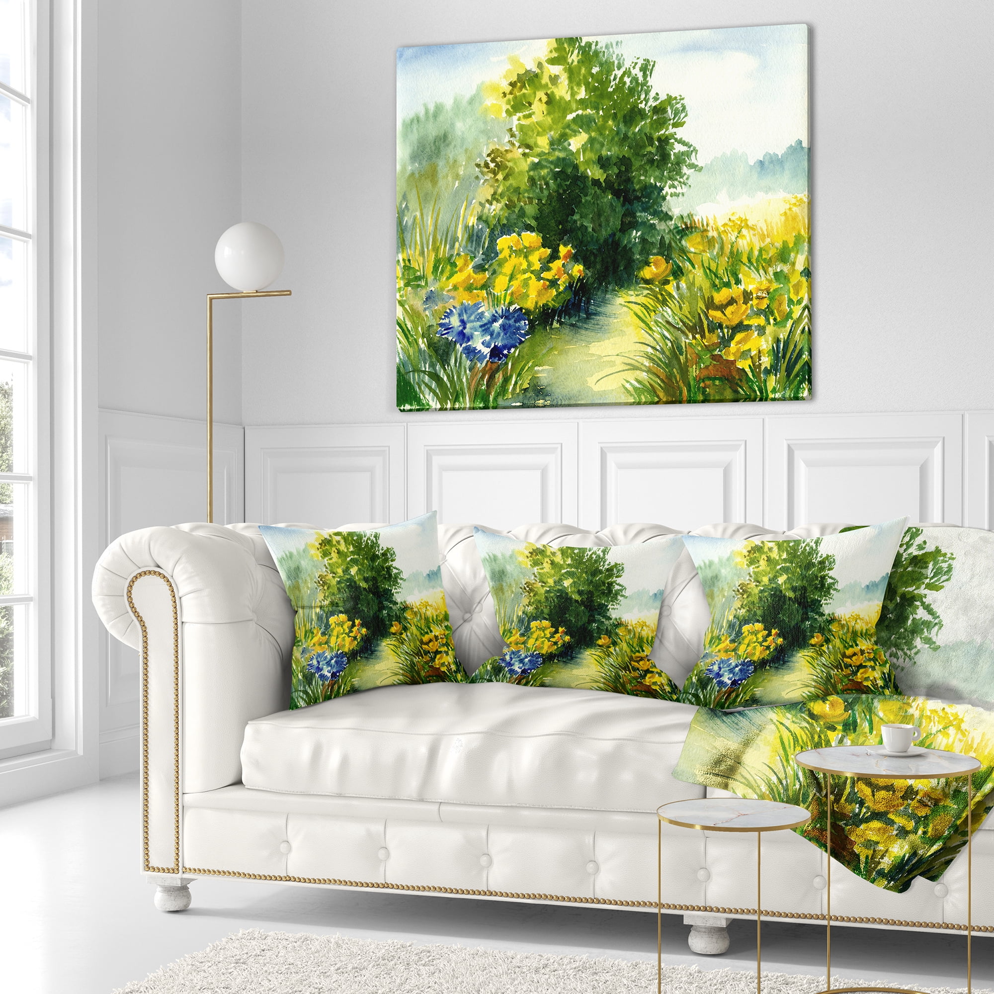 Designart Watercolor Greenery - Landscape Printed Throw Pillow - 16x16