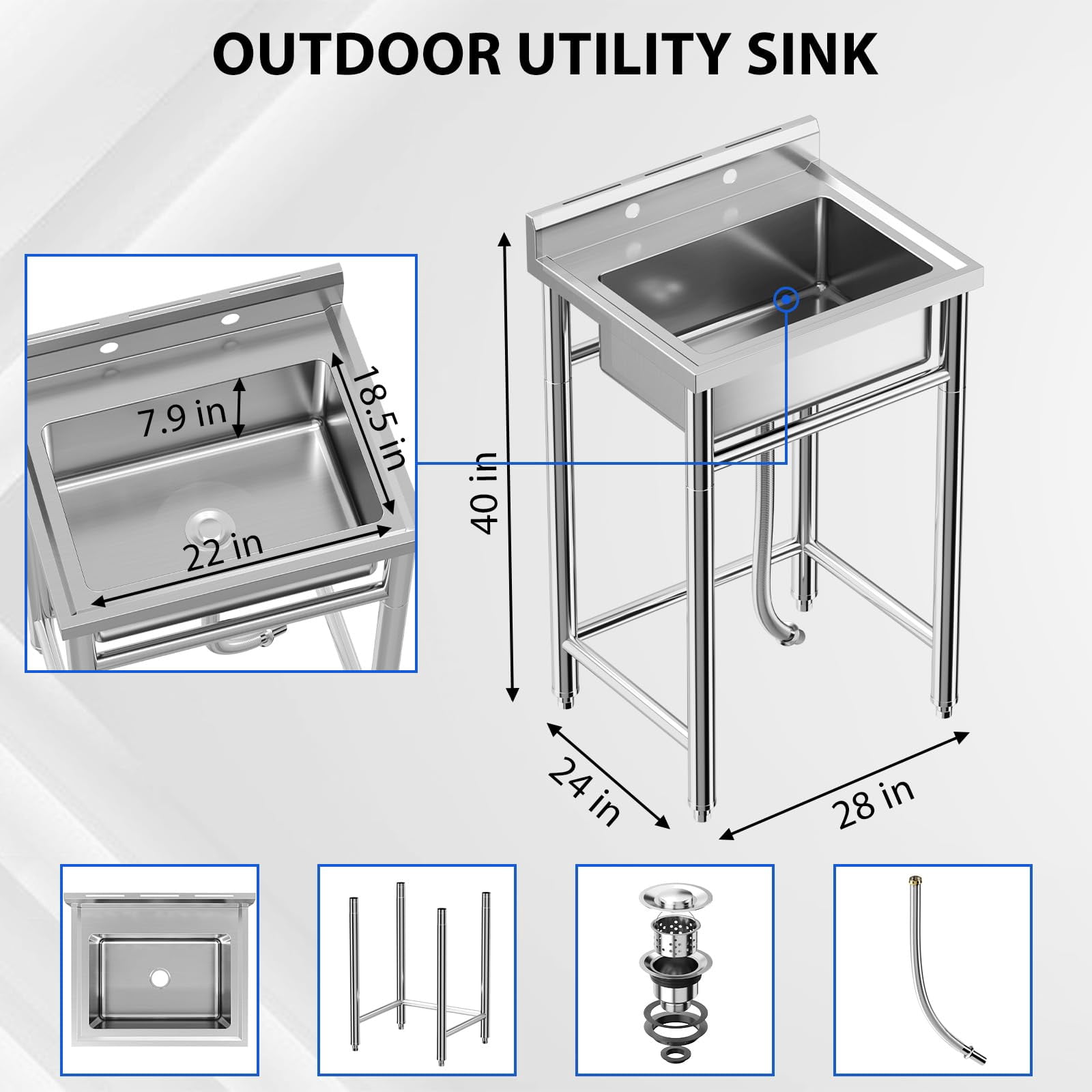 Free Standing Single Bowl Kitchen Sink w/Faucet & Storage Shelve, Utility Sink with Hot & Cold Hoses, NSF Certificated, Stainless Steel Sink for Laundry Room, Backyard, Restaurant