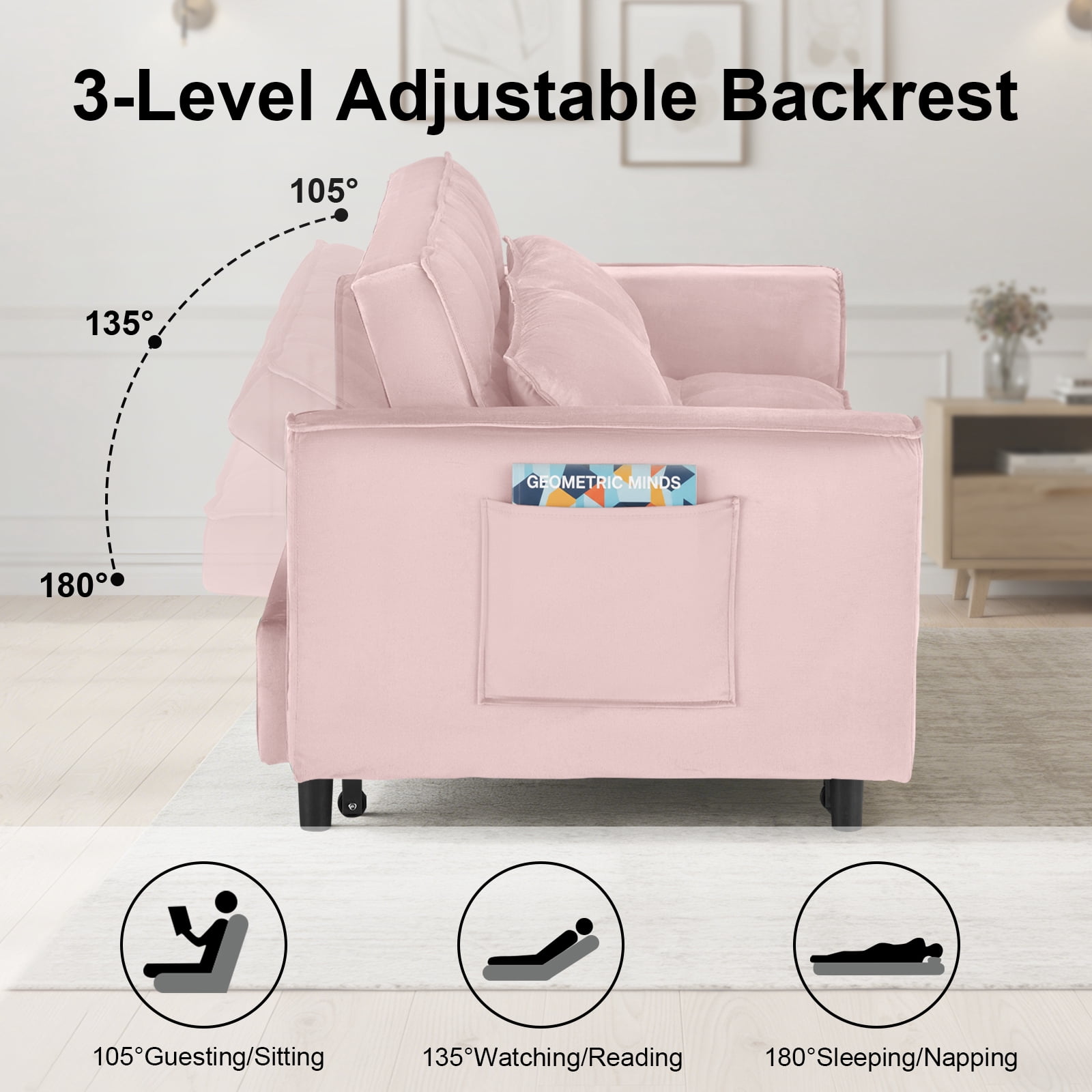 Howcool 55" 3 in 1 Convertible Sleeper Sofa Bed, Pull Out Loveseat Couch with Storage Pocket,Pink