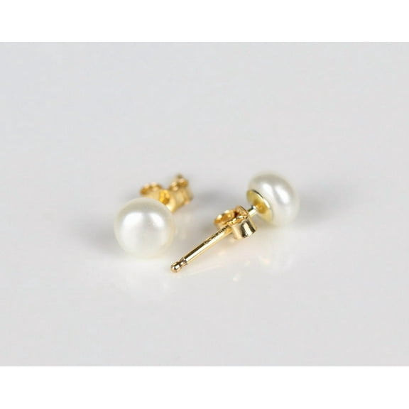 Gold Freshwater Pearl Stud Earrings – 4-5mm White Genuine Pearls, Minimalist Bridal Earrings for Women