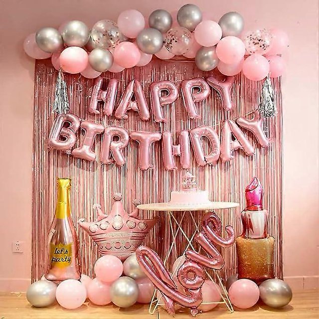 Decoraciones de cumpleaños rosas para mujeres, decoraciones de fiesta de feliz cumpleaños para niñas, cortina de flecos rosa, pancarta de feliz cumpleaños, globo de feliz cumpleaños, feliz cumpleaños