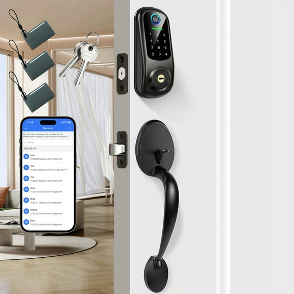 BEBASIA Keyless Entry Door Lock with Handle, Fingerprint Deadbolt Door Lock, Smart Door Locks for Front Door, Bluetooth Electronic Digital Keypad Lock, Easy to Install, Black