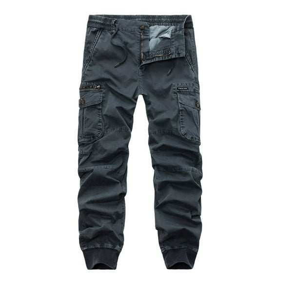 UDIYO Men Cargo Pants Solid Color Zipper Fly Multi Pockets Drawstring Elastic Waist Streetwear Bottoms Ankle Tied Trousers for Working