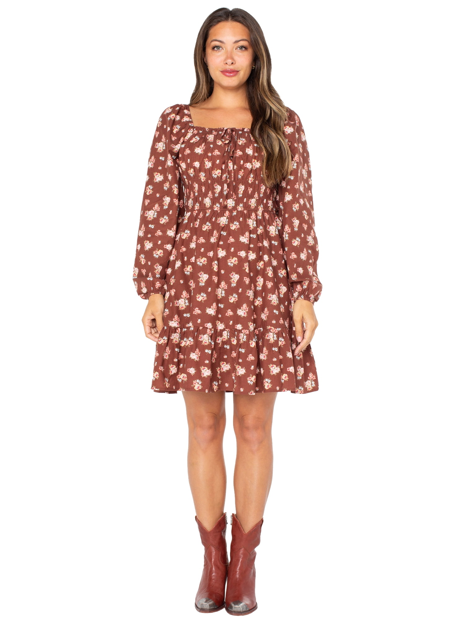 Celebrity Pink Women’s and Women’s Plus Floral Print Babydoll Dress with Long Sleeves, Sizes XS-4X