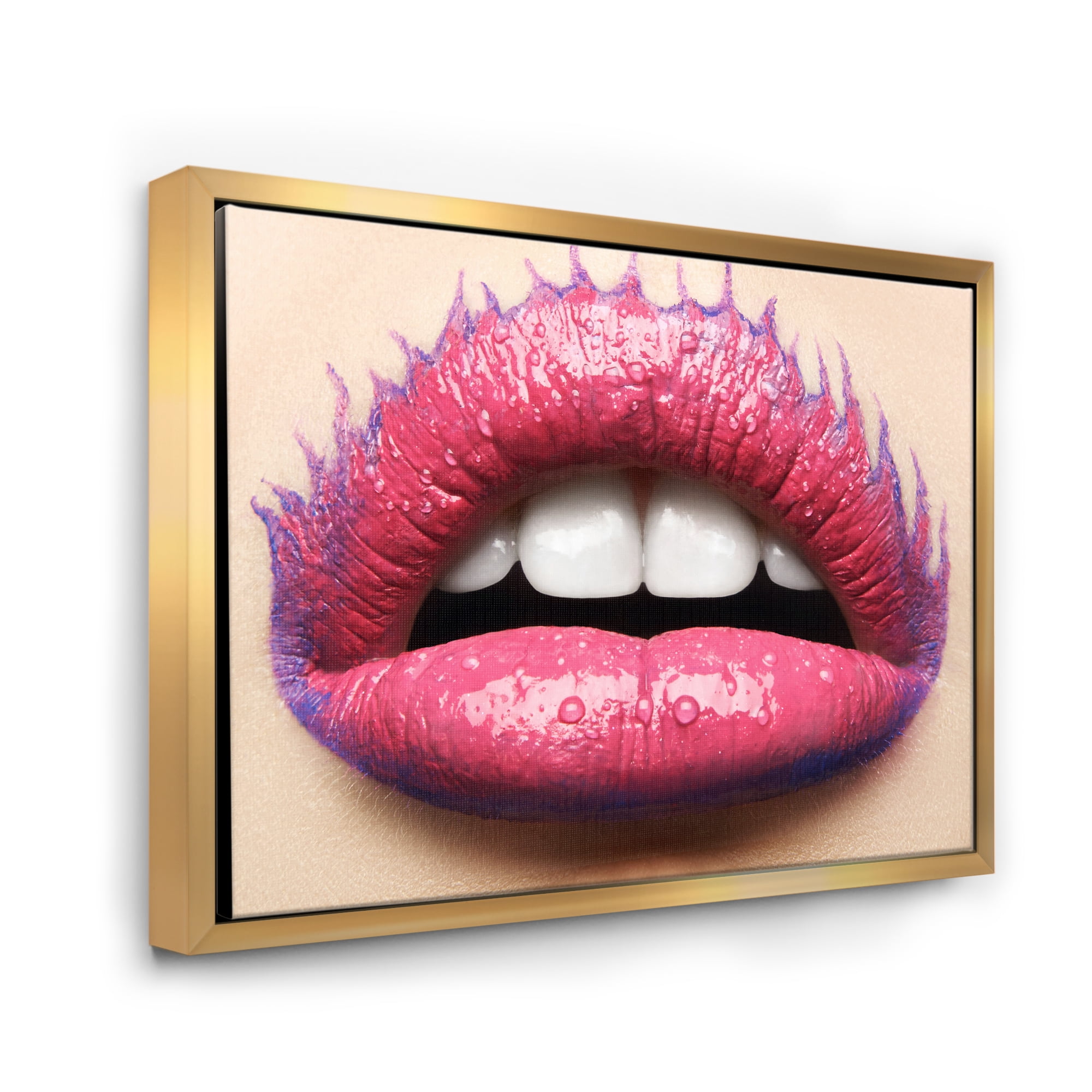 Designart 'Beautiful Woman Lips With Pink Lipstick' Modern Framed Canvas Wall Art Print