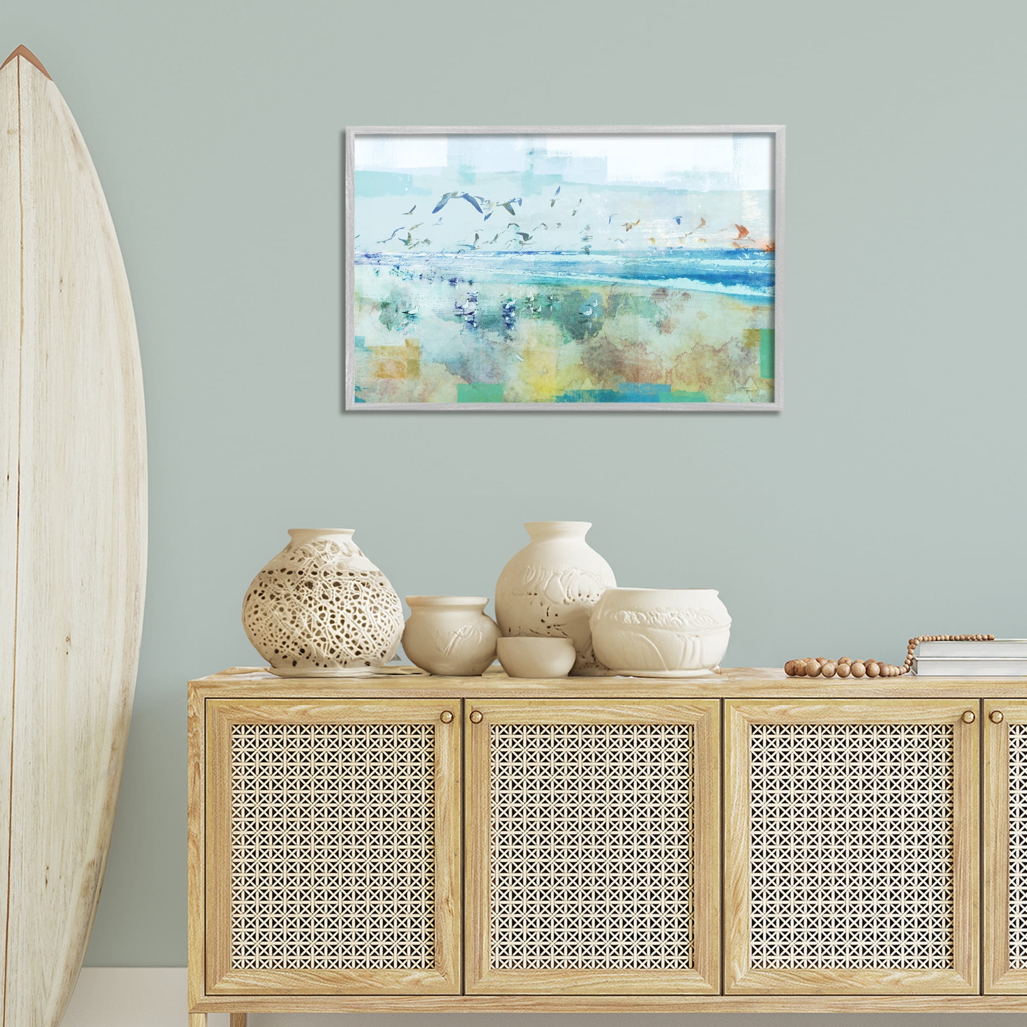 Stupell Industries Abstract Birds Over Beach Abstract Painting Gray Framed Art Print Wall Art, 30 x 20
