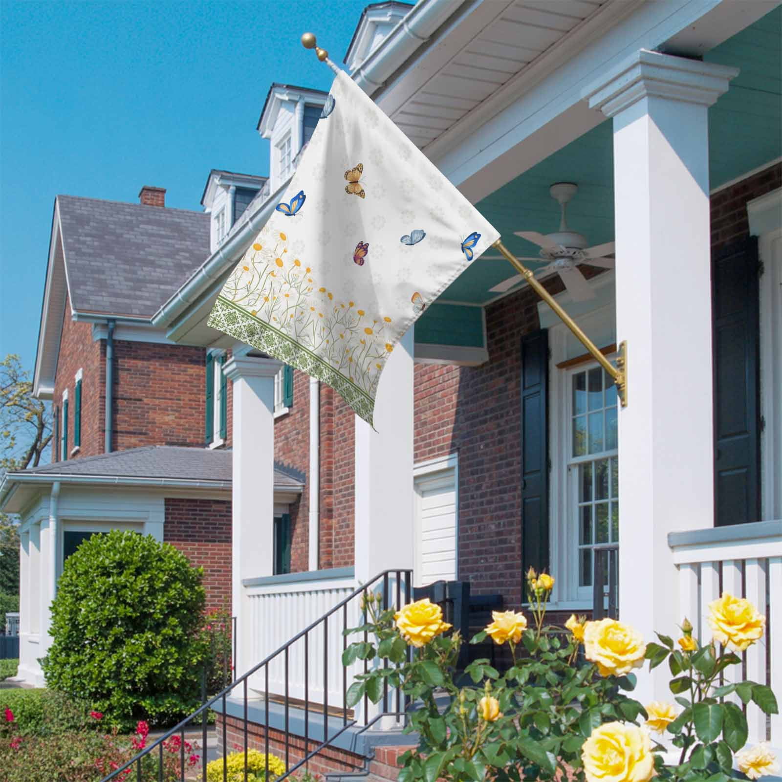 Spring Daisy Flower House Flag 28 x 40 Inches, Blue Butterflies Green Floral Plaid Weather Proof Outdoor Patio Flags Double Sided Small House Decoration for Yard Lawn Outside Home