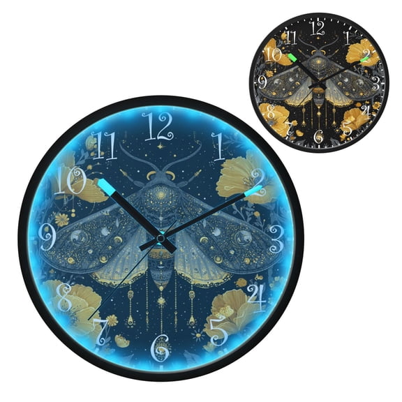 Voice Activated Clock with Glow Light 12 Inch Large Silent Wall Clock Battery Operated for Home Decor Mystical Moth Pattern