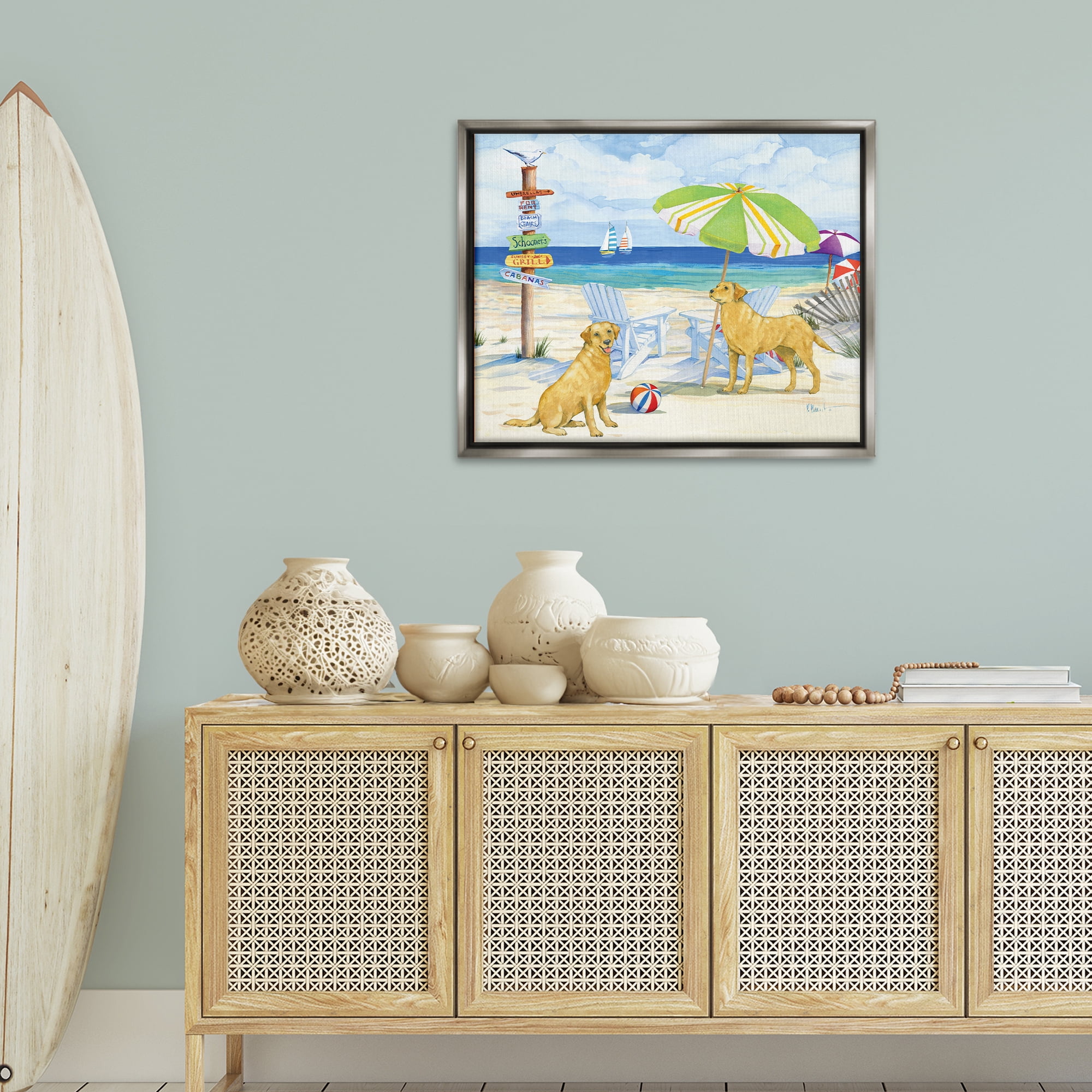 Stupell Industries Retriever Dogs at Beach Animals & Insects Painting Gray Floater Framed Canvas Art Print Wall Art, 31 x 25