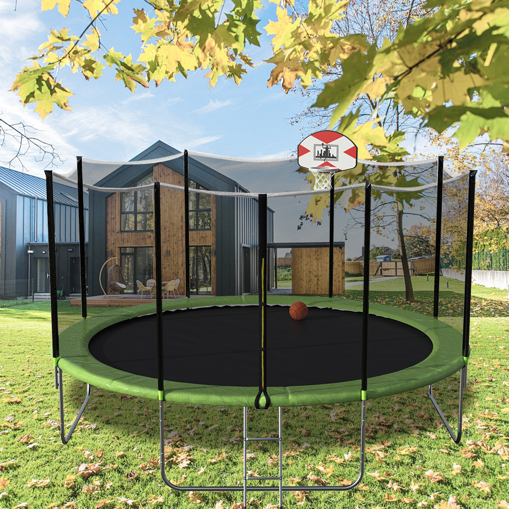 14FT Trampoline with Safety Net, Ladder & Basketball Hoop, Outdoor