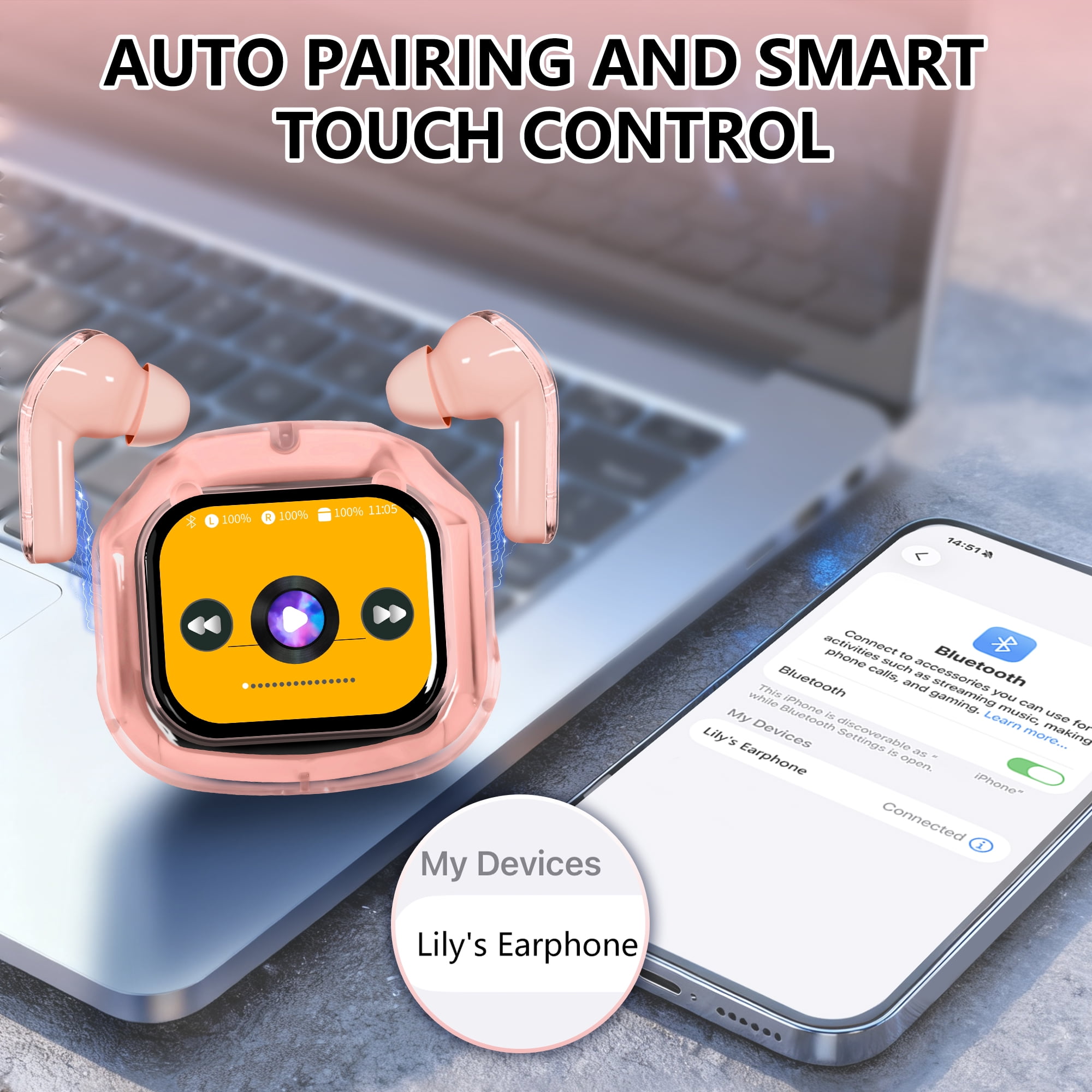 ENC Wireless Bluetooth Earphone, Smart Touch Screen Headphone, 24h Playtime for Sports & Working, Stereo Sound Headphone for iOS/Android/Windows, Pink