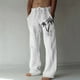 thumbnail image 1 of Pantalones largos de lino para hombre, pantalones holgados de playa con estampado hawaiano, cintura elástica y cordón ajustable, estampado en caliente., 1 of 5