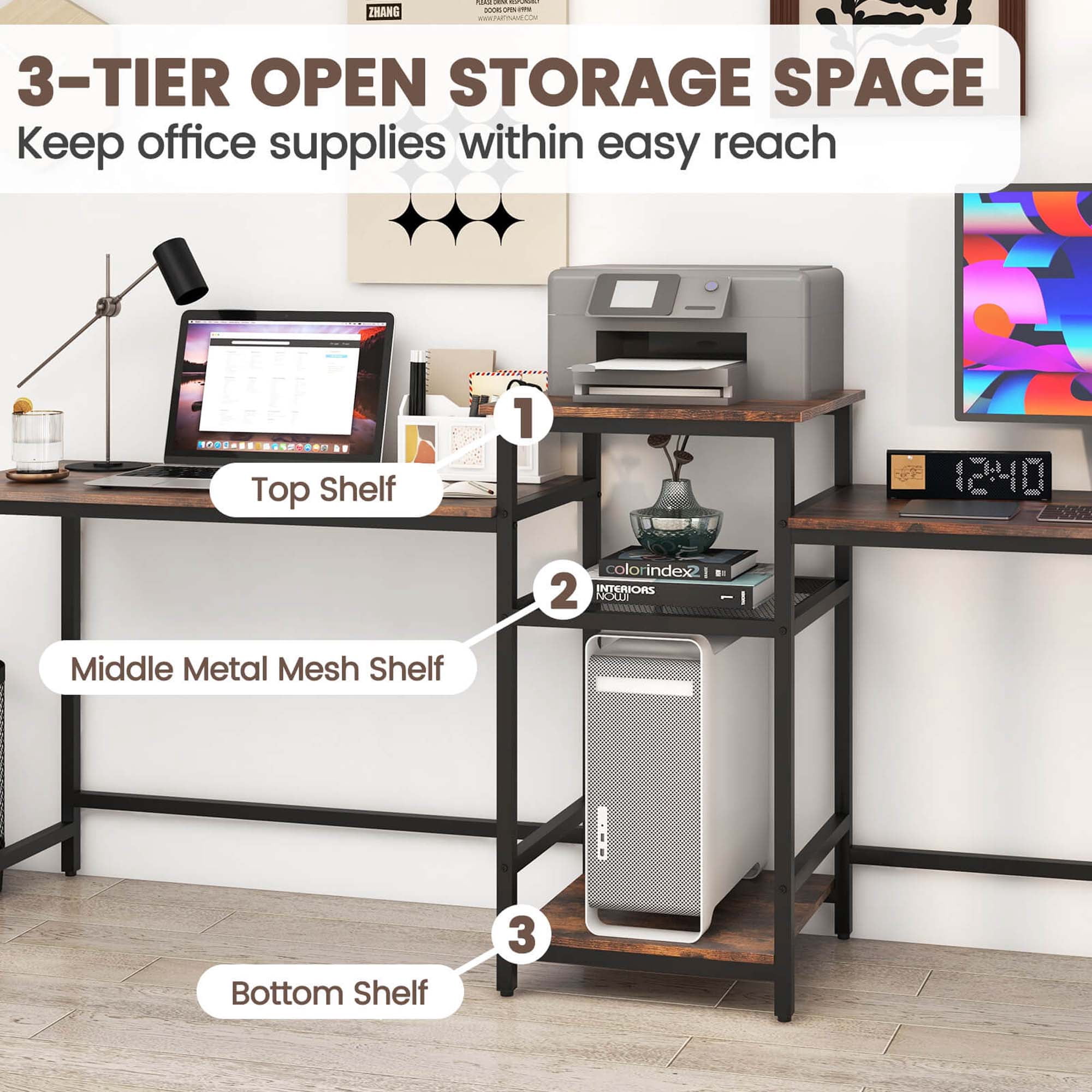 Costway 97 Inch Two Person Desk Double Computer Desk with Power Outlets Printer Stand