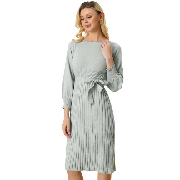 DARING DIVA Knit Belted Crew Neck Lantern Sleeves Pleated Sweater Dresse XS Grey