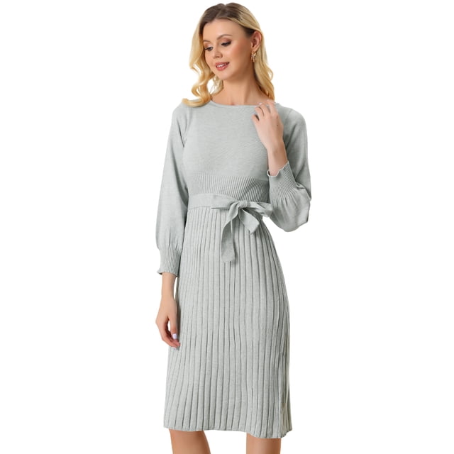 Vestido de Punto con Cinturón Allegra K para Mujer con Cuello Redondo Mangas faroles Casual Gris XS