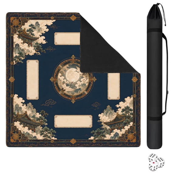 Mahjong Mat with Carrying Bag 31.5" x 31.5" Non-Slip Noise Reduction Midnight Crane Moon Chinoiserie Table Mat for Mahjong Poker Dominoes Card Board Tile Games