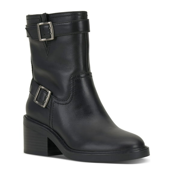 VINCE CAMUTO Womens Black Lug Sole Goring Buckle Accent Vergila Almond Toe Block Heel Zip-Up Leather Moto 9.5 M