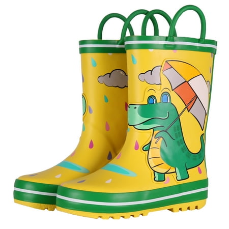 

Toddler Rain Boots Kids Waterproof Printed Boys Girls Natural Rubber Rainboots with Handles Yellow Dinosaur 5T