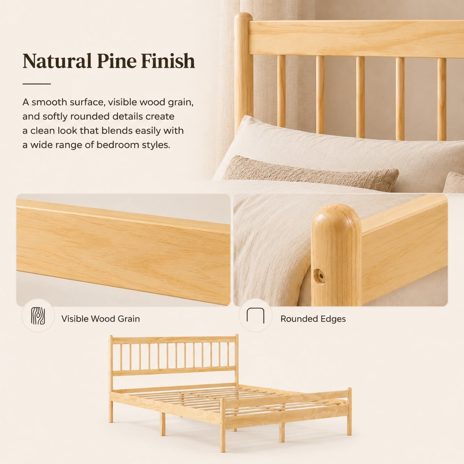 Miniyam Queen Pine Wood Platform Bed Frame with Spindle Headboard, 9.8" Underbed Storage, Natural