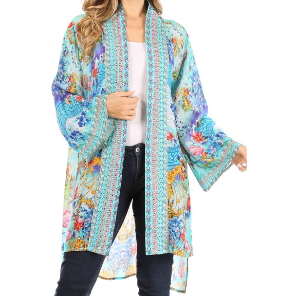 Sakkas Aremi Women Floral Printed Open Front Cardigan Top Boho Casual Short Sleeve - 486 - One Size