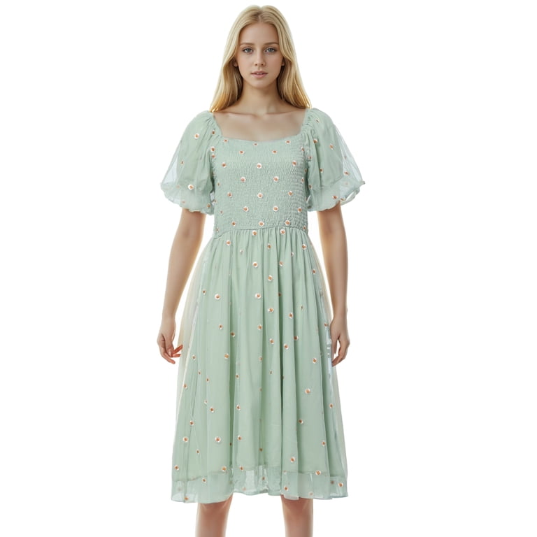GRACEART Women's Summer Dress Square Neck Sunflower Embroidered Lantern  Sleeve Dress Ruffle A-line Casual Dress - Walmart.com