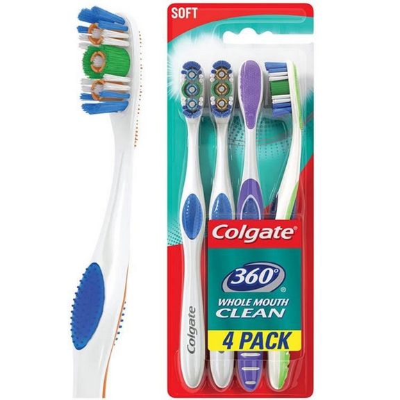 Colgate 360° Toothbrush with Tongue and Cheek Cleaner, Soft - 4 Count