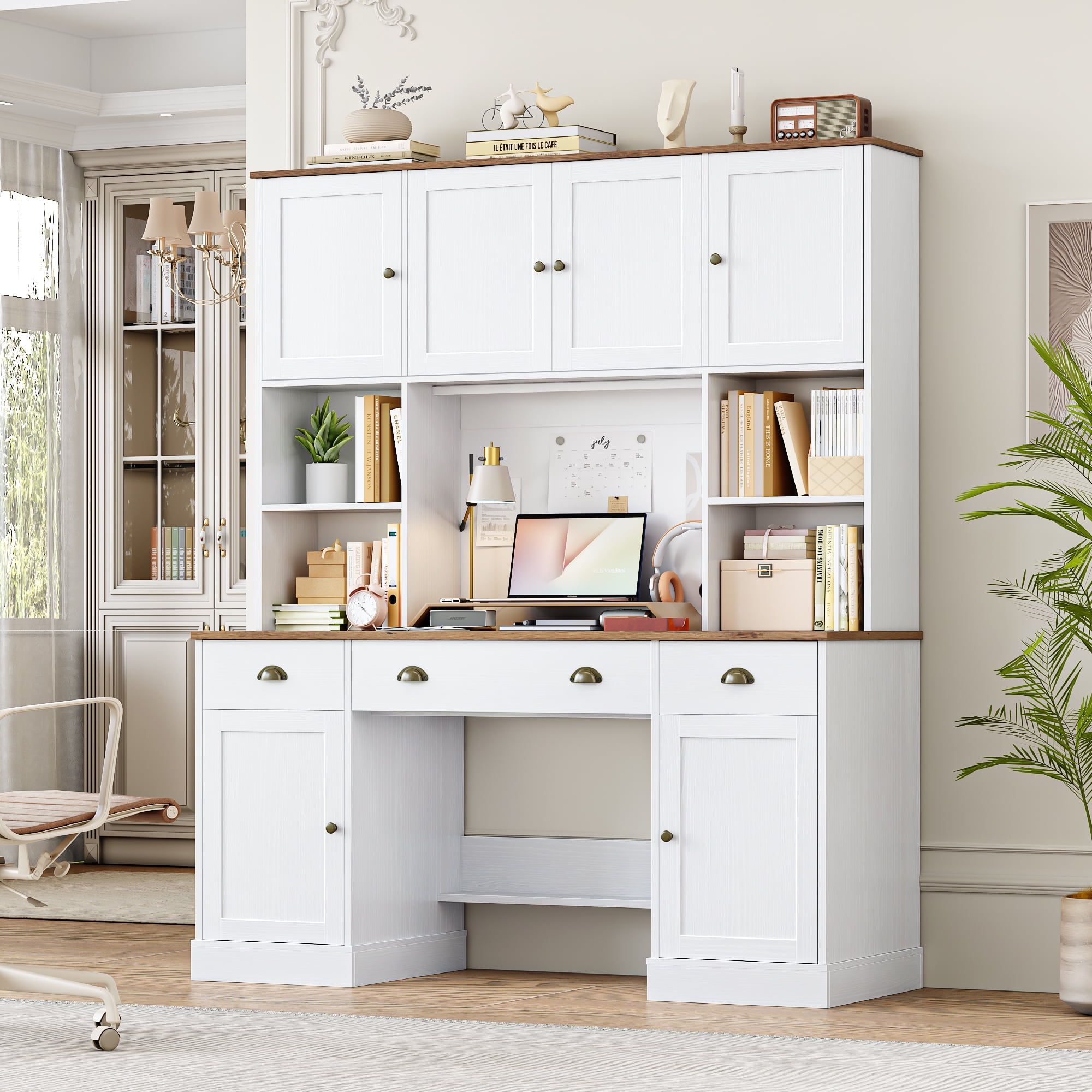 Homfa Computer Desk with Hutch & Adjustable Shelf, 3 Drawer Wooden Executive Desk for Home Office, White