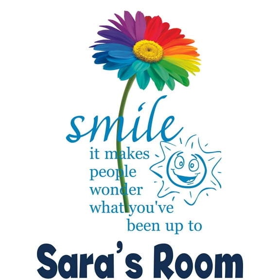 Smile Rainbow Colorful Flower Motivation Quotes Personalized Wall Decal Custom Vinyl Wall Art Personalized Name - Baby Girls Boys Kids Nursery Daycare Decor Wall Stickers Decorations Size (30x15 inch)