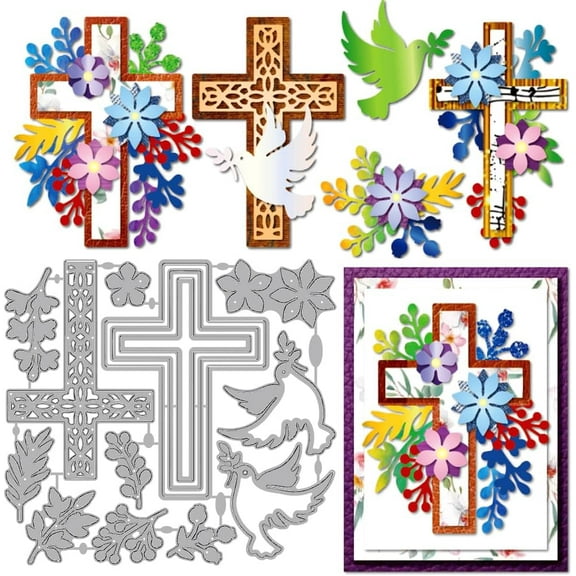 Easter Flower Cross Die Cuts for Card Making Pigeon Olive Leaf Metal Cutting Dies Religion Cross Frame Embossing Cutting Stencil for Scrapbooking Craft Paper Easter Card Gift Decoration