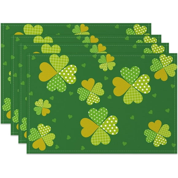 Ensemble de 4 Napperons Cœur Trèfle pour la Saint-Patrick 12x18 Pouces Napperons Verts avec Trèfles Jaunes et Blancs en Cœurs pour Déco de Salle à Manger de la Saint-Patrick