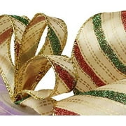 Holiday Wired Christmas Tree Ribbon - 2 1/2 x 10 Yards, Red Green Gold Striped, Wreath