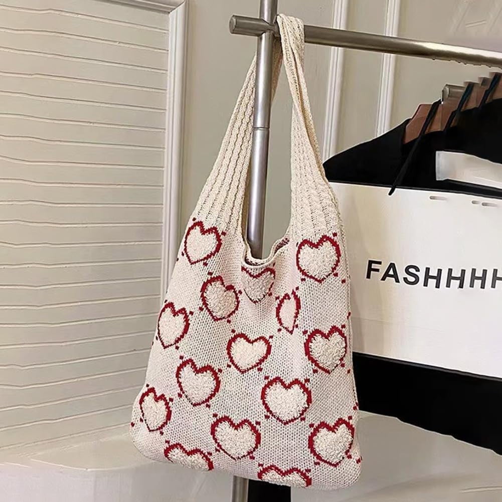 CAILDANL Crochet Tote Bag Cute Aesthetic Hobo Bag Hearts Pattern Knitted Shoulder Bag Hollow Beach Bag for Women