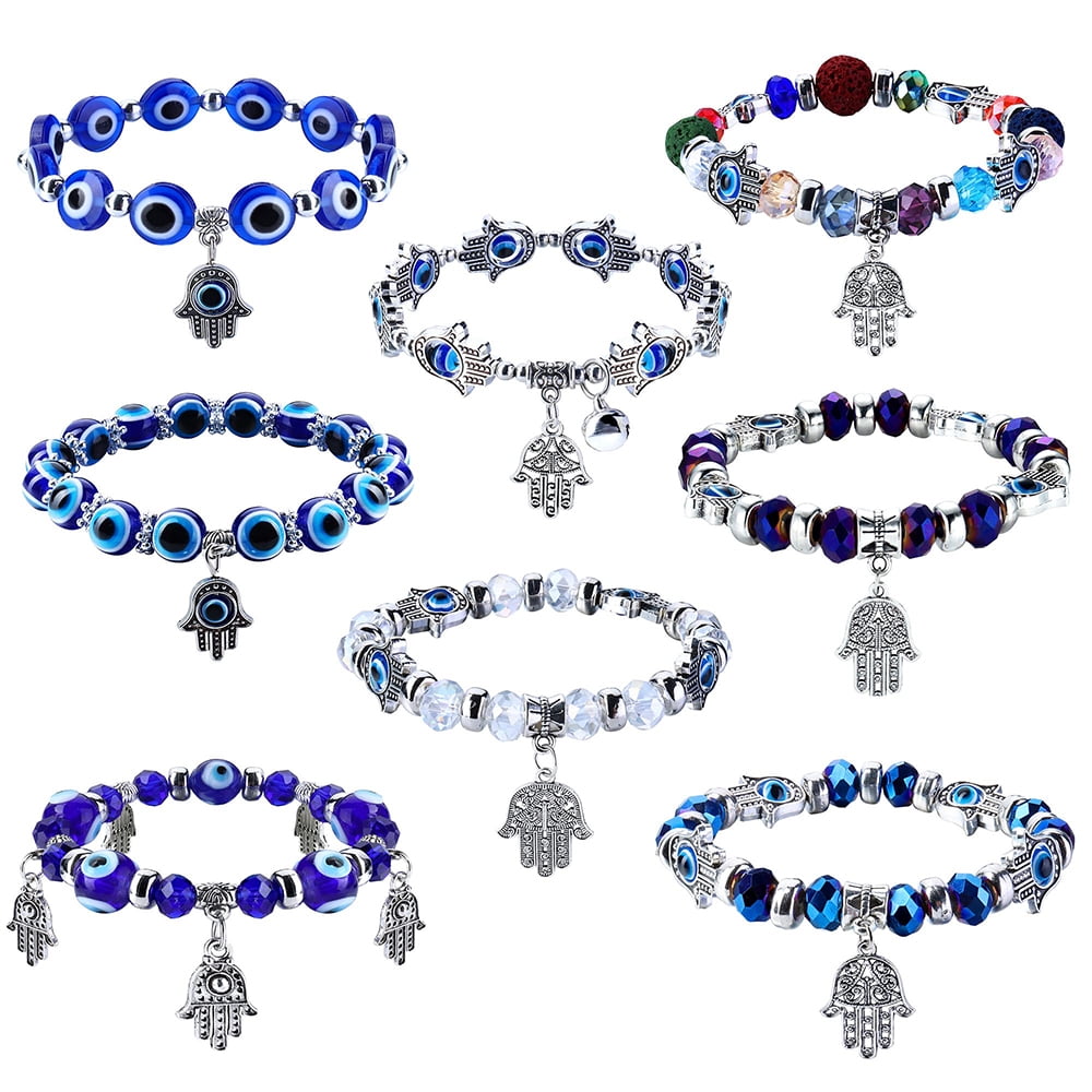 Blue Beige Beads Birthday Gift for Men Hamsa Bracelet Men Bracelet with Hamsa charm For Luck Jewelry two pieces Jewelry 