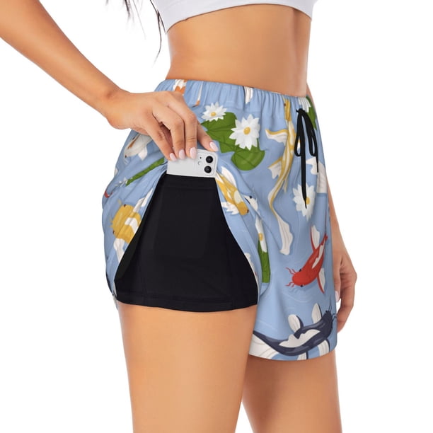 Balery Colorful Koi Fish Pantalones cortos deportivos para mujer con forro y dos bolsillos, elásticos, para entrenamiento, gimnasio, yoga-Small
