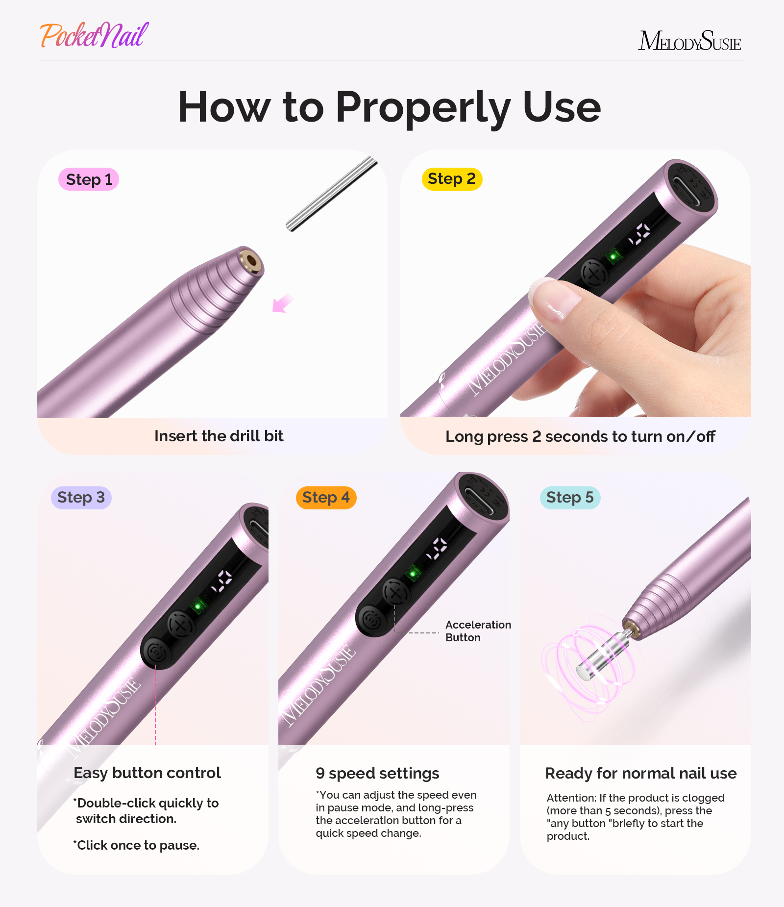 MelodySusie Portable Rechargeable Nail Drill, 20000 RPM PC100GR Pocket Nail File kit with Drill Bits & Sanding Bands, Rose Gold