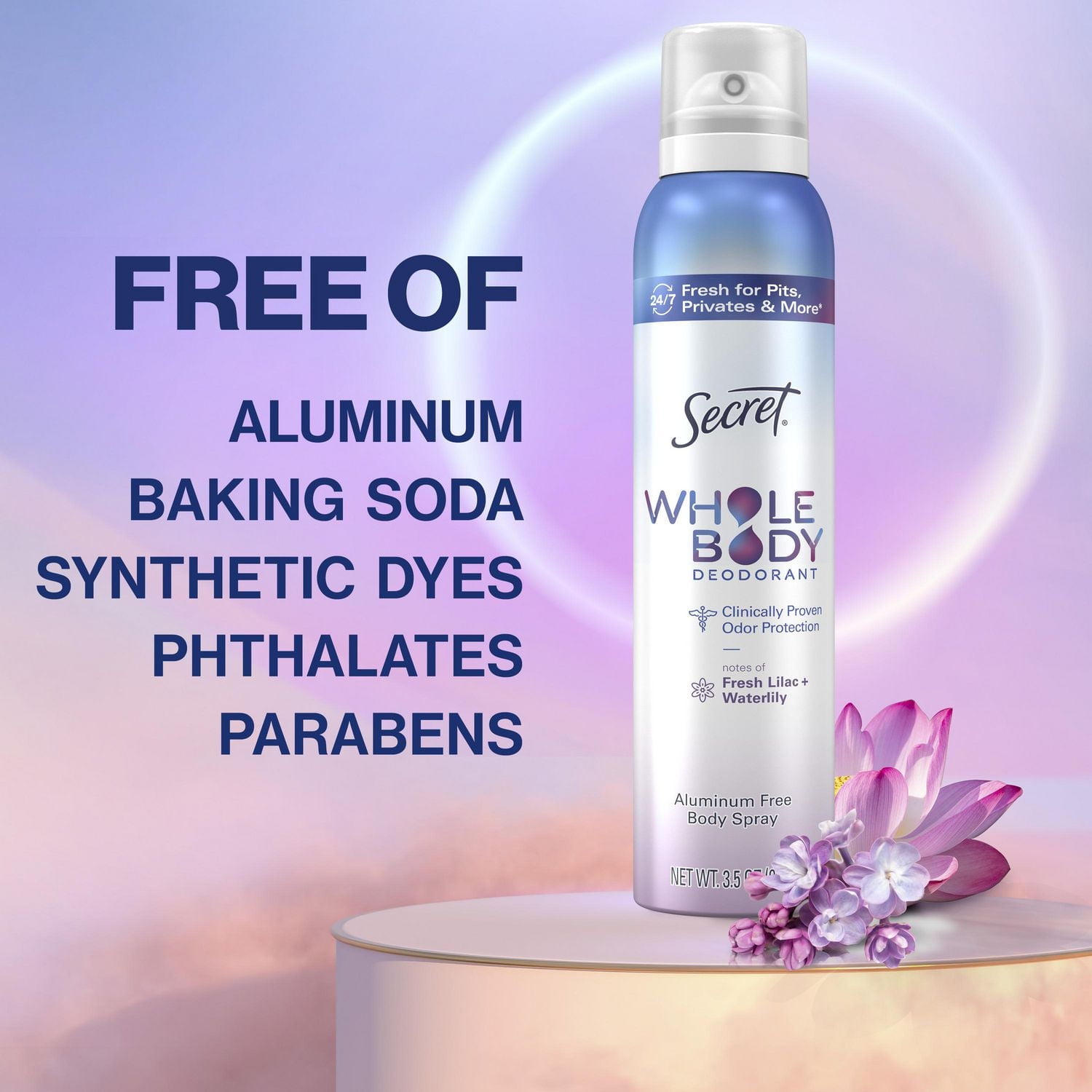 Secret Whole Body Aluminum Free Deodorant for Women Body Spray Lilac & Waterlily, 99G