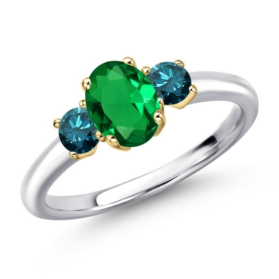 Gem Stone King 10K Two Tone Gold Green Nano Emerald and Blue Diamond Engagement Ring for Women | 0.90 Cttw | Oval 7X5MM | Gemstone May Birthstone | Size 7