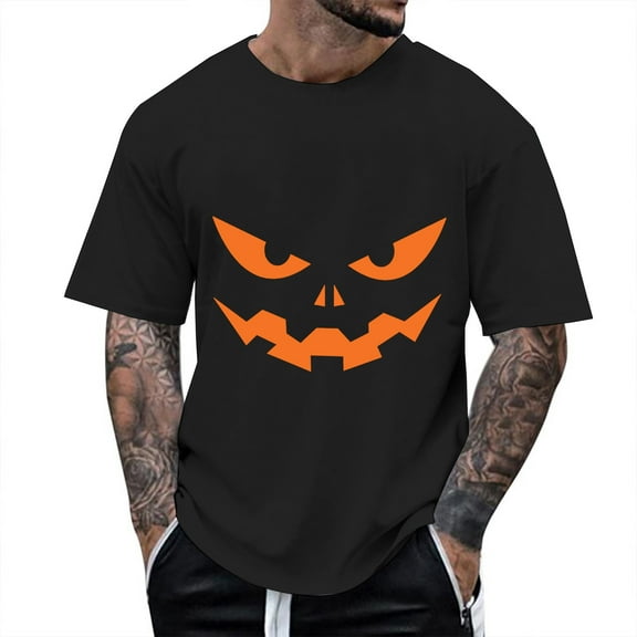 T Shirts for Man Halloween Classic Funny Pumpkin Face Printed Short Sleeve Crew Neck Tees Party Casual Fall Season Loose Fit Comfortable Shirts for Men Black L